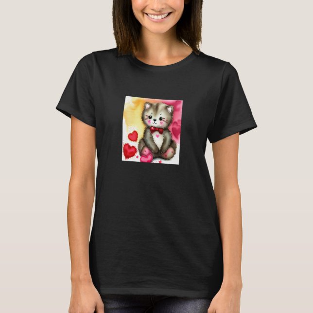 Camiseta Valentine's Day Love Heart Cat Teddy Girlfriend Fi (Frente)