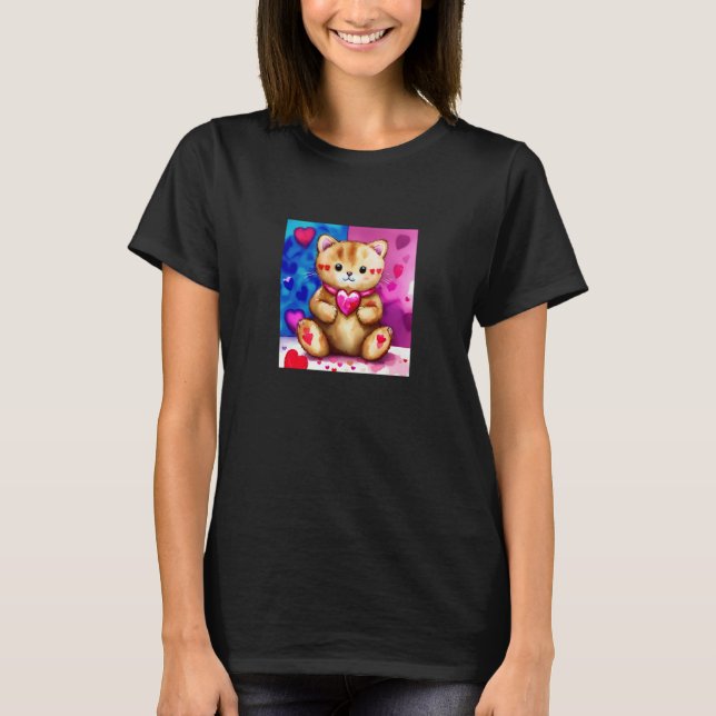 Camiseta Valentine's Day Love Heart Cat Teddy Girlfriend Fi (Frente)