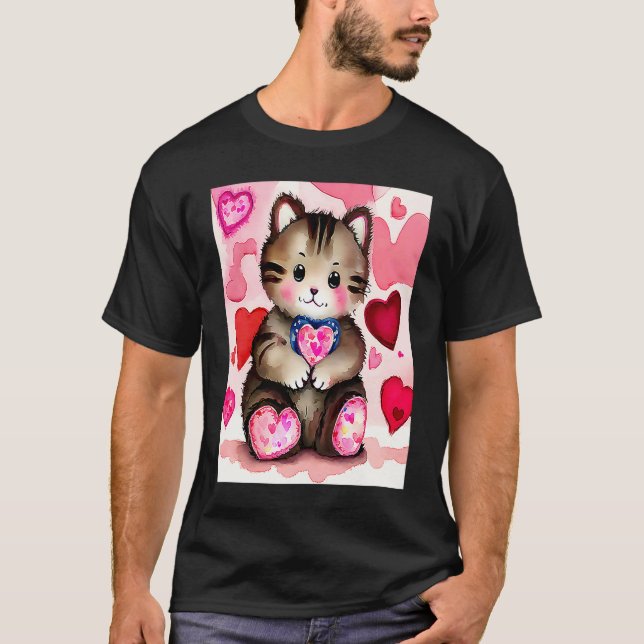 Camiseta Valentine's Day Love Heart Cat Teddy Girlfriend Fi (Frente)