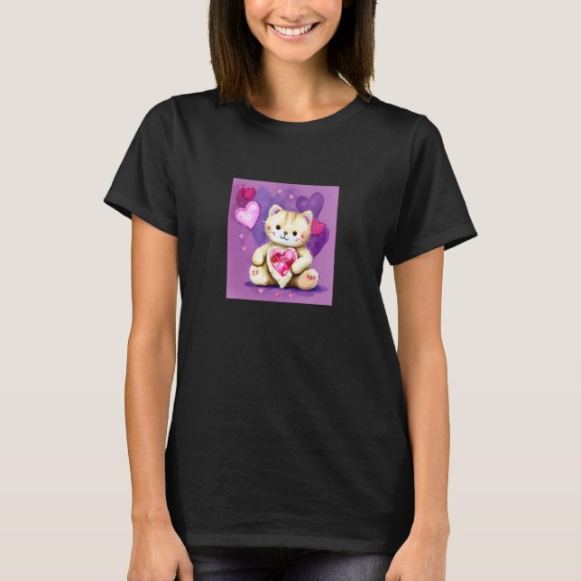 Camiseta Valentine's Day Love Heart Cat Teddy Girlfriend Fi (Frente)