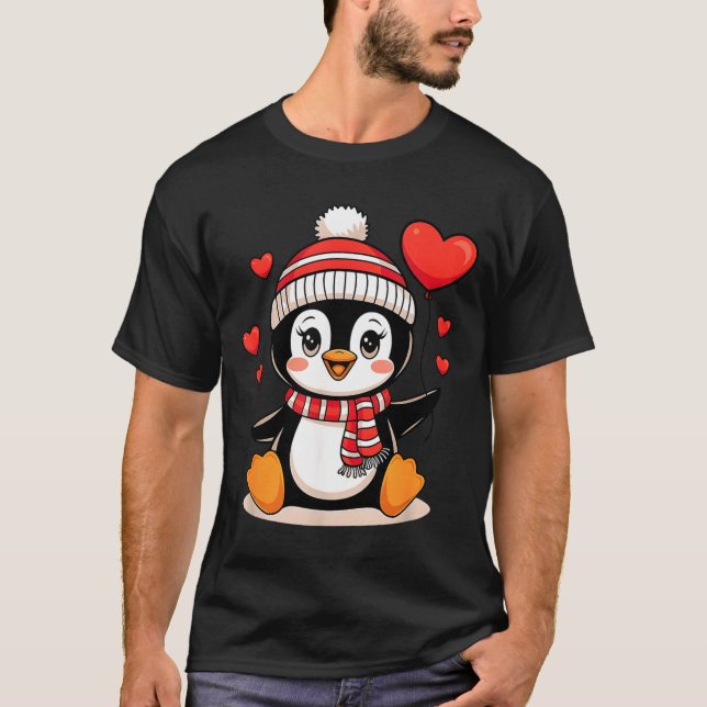 Camiseta Valentine's Day Penguin Heart Balloon Cute  (Frente)