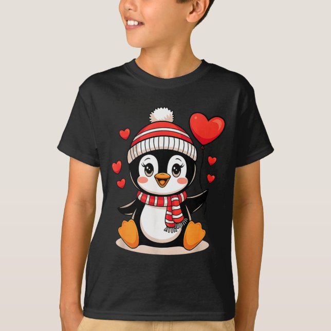Camiseta Valentine's Day Penguin Heart Balloon Cute  (Frente)