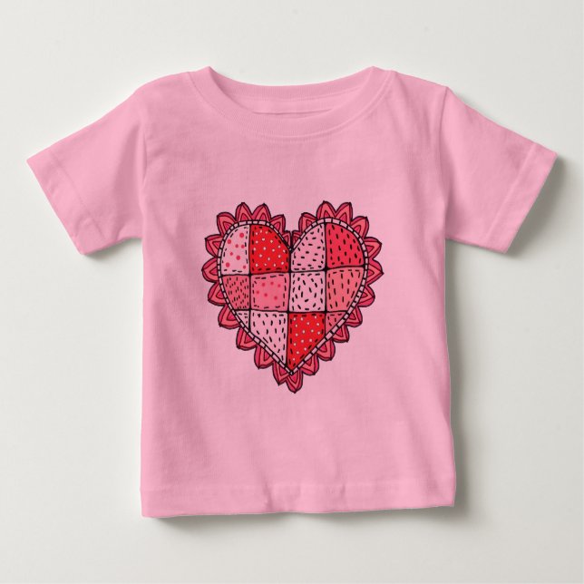 Camiseta Valentine's Doodle Art Style Faux Patchwork Heart  (Frente)