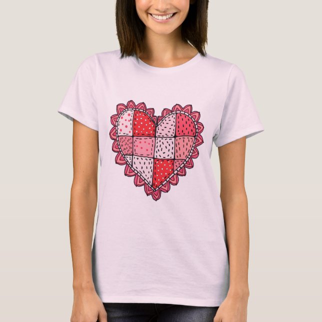 Camiseta Valentine's Doodle Art Style Faux Patchwork Heart  (Frente)