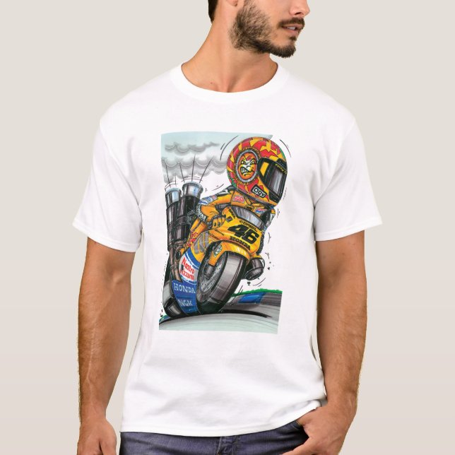Camiseta Valentino Rossi piloto de corrida em caricatura (Frente)