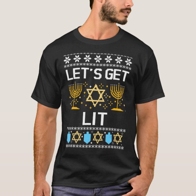 Camiseta vamos acender menorah feio hanukkah natal (Frente)
