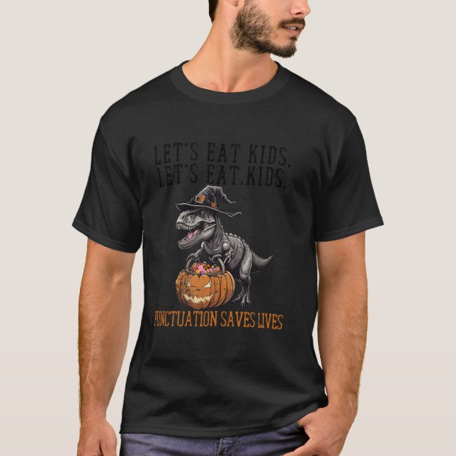 Camiseta Vamos Comer Crianças Dinossauro Zombie Trick Treat (Frente)