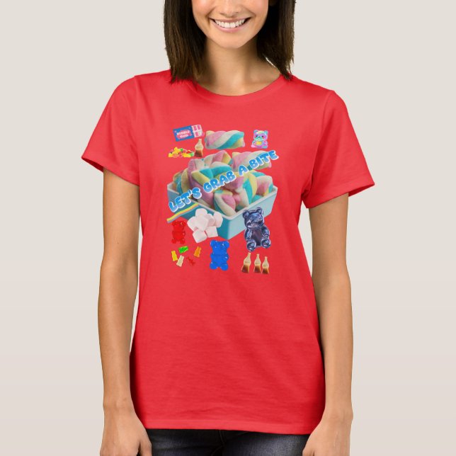 Camiseta Vamos Comer Uma Coisa – Colagem de Pastel e Doce (Frente)