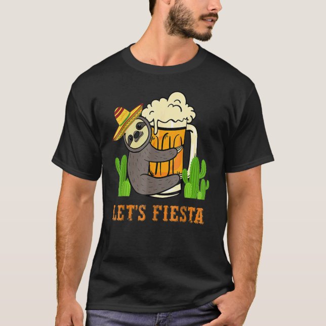 Camiseta Vamos Fiesta Sloth Beer Bebendo Cinco De Mayo Mex (Frente)