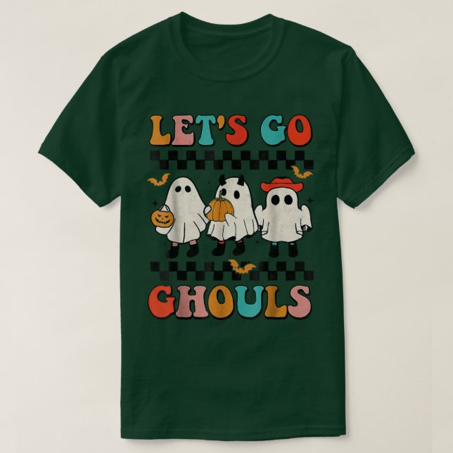 Camiseta Vamos Go Ghouls Groovy Retro Spooky Season Ghost H (Frente do Design)