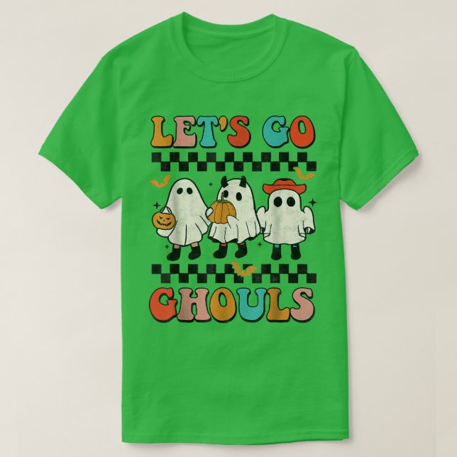 Camiseta Vamos Go Ghouls Groovy Retro Spooky Season Ghost H (Frente do Design)