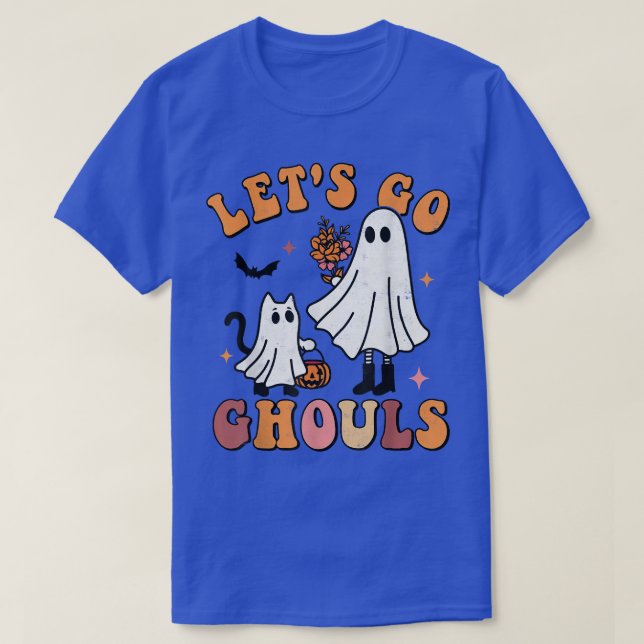 Camiseta Vamos Ir Ghouls Halloween Spooky Season Groovy Ret (Frente do Design)