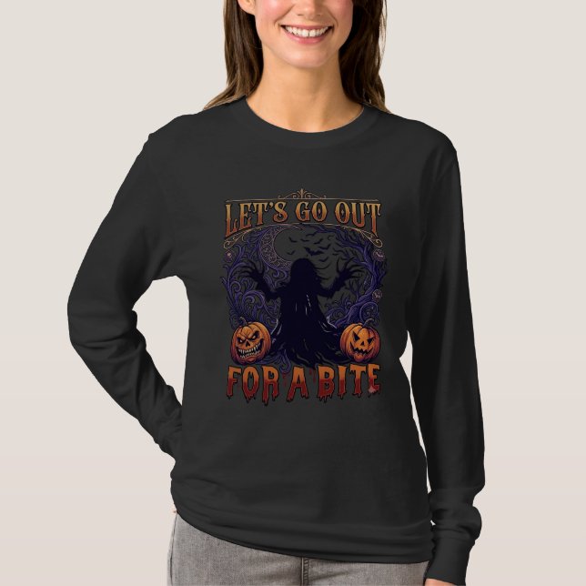 Camiseta Vamos Saír Morder Fantasmas Abóboras Morcegos Lua (Frente)