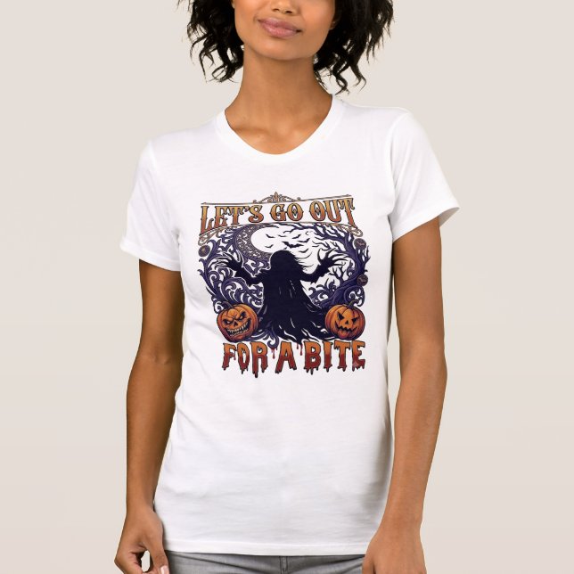 Camiseta Vamos Saír Morder Fantasmas Abóboras Morcegos Lua (Frente)