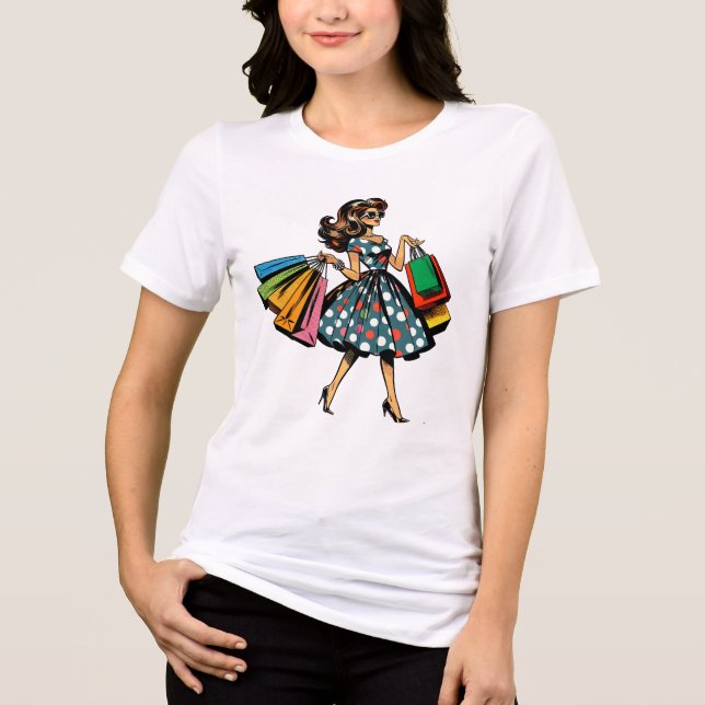 Camiseta Vamos Vai Comprar! Mulher Engraçada com Bolsas (Frente)