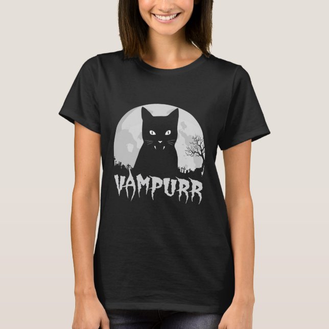 Camiseta Vampiro De Gato Negro Halloween Com Lua Cheia - Va (Frente)