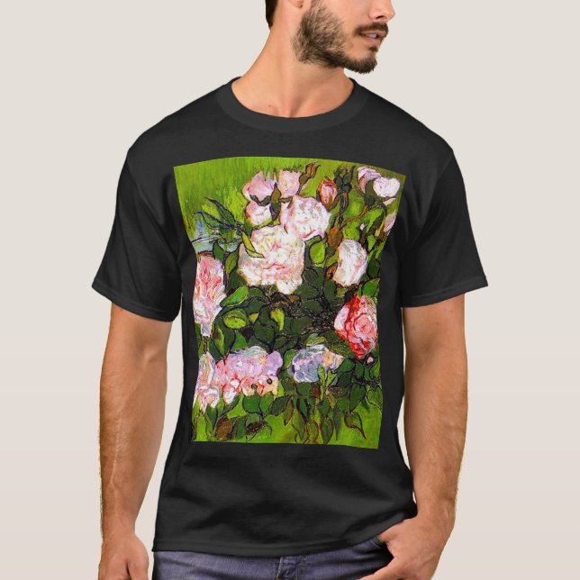Camiseta Van Gogh ainda vive com rosas rosa (Frente)