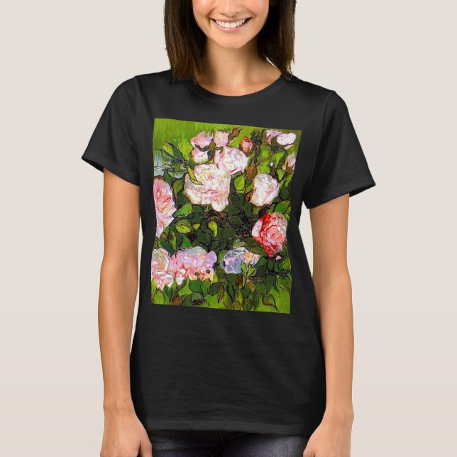Camiseta Van Gogh ainda vive com rosas rosa (Frente)