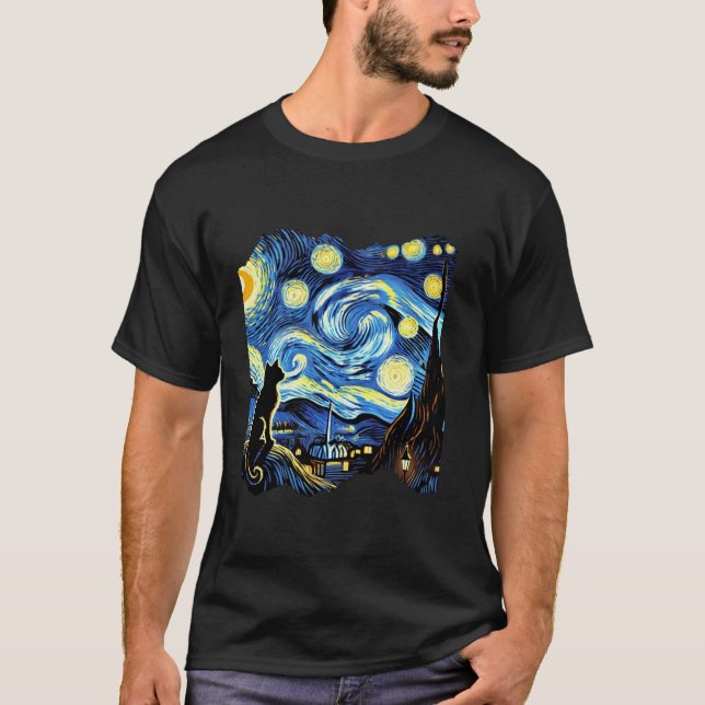 Camiseta Van Gogh Black Cat Starnight Cat Lover (Frente)