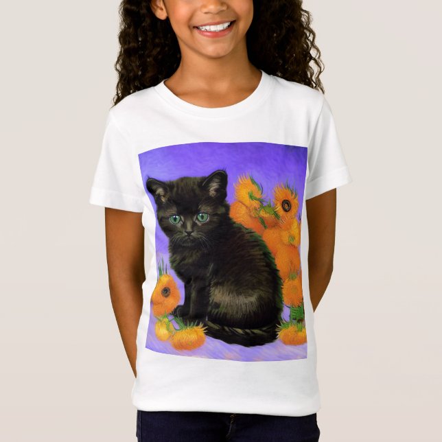 Camiseta Van Gogh Black Kitten com Girassóis (Frente)