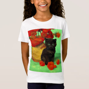 Camiseta Van Gogh Black Kitten Red Flowers