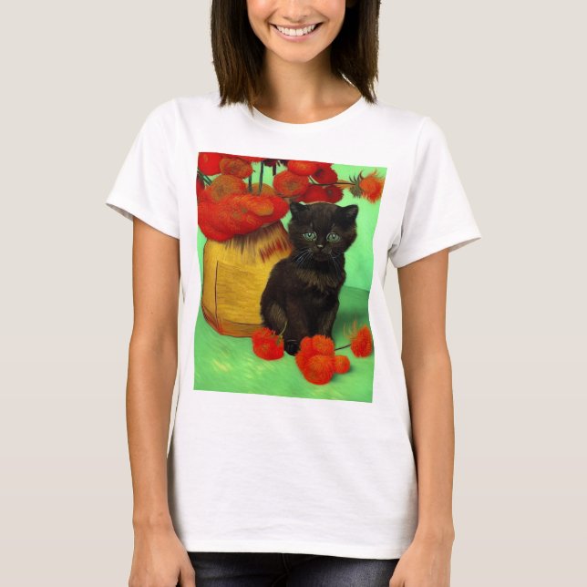 Camiseta Van Gogh Black Kitten Red Flowers (Frente)