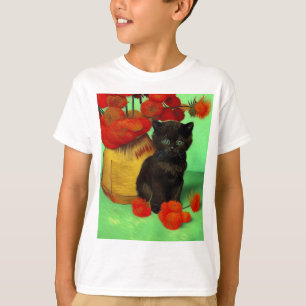 Camiseta Van Gogh Black Kitten Red Flowers