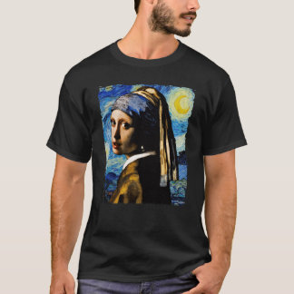 Camiseta Van Gogh Noite Estrelada e Menina Com um Brinco de