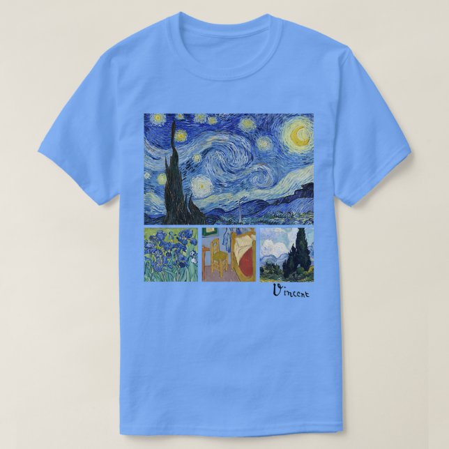 Camiseta Van Gogh Starry Night, Irises, quarto com presiden (Frente do Design)