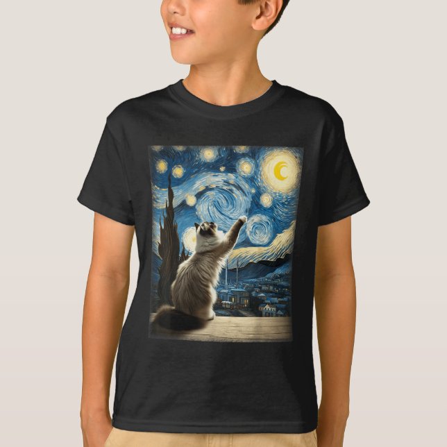 Camiseta Van Gogh Starry Night Style Artístico Ragdoll Cat (Frente)