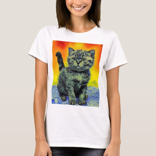 Camiseta Van Gogh Style Cat Sunset Beach (Frente)