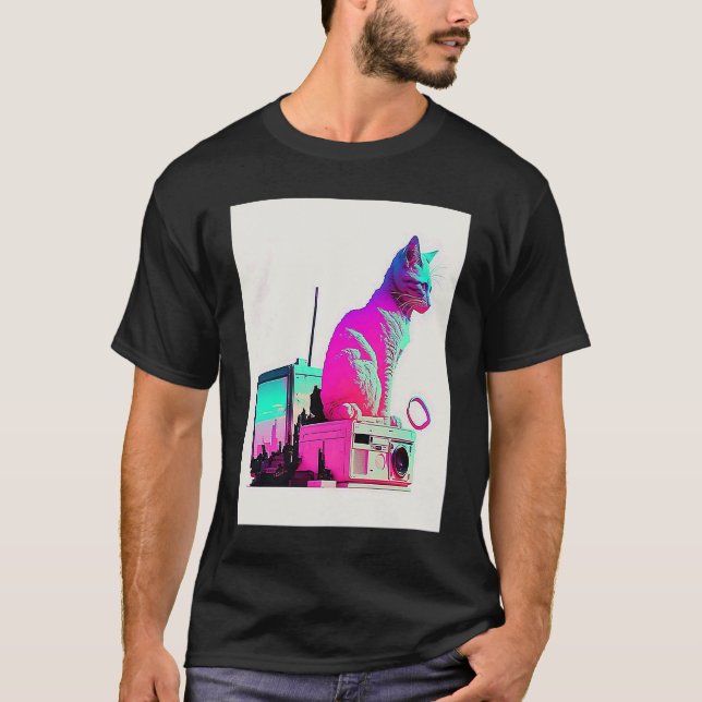 Camiseta Vaperwave Aesthetic Glitch Cat Retrowave Synthwave (Frente)