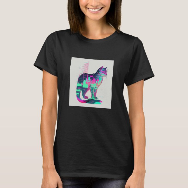 Camiseta Vaperwave Aesthetic Glitch Cat Retrowave Synthwave (Frente)