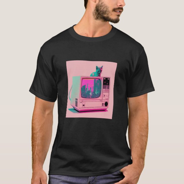Camiseta Vaperwave Aesthetic Glitch Cat Retrowave Synthwave (Frente)