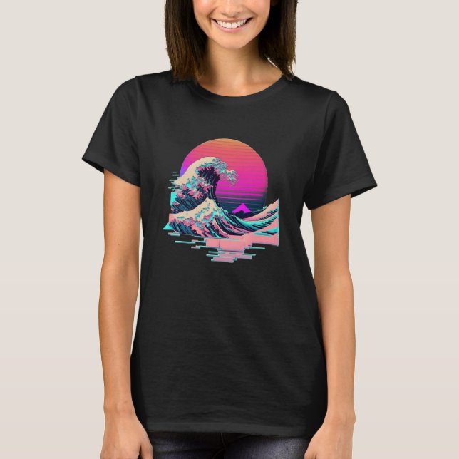 Camiseta Vaperwave Aesthetic Glitch Great Wave Retrowave Sy (Frente)