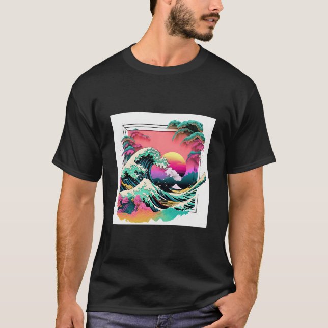 Camiseta Vaperwave Aesthetic Glitch Great Wave Wave Synthwa (Frente)