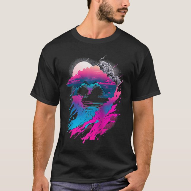 Camiseta Vaporwave Abstract Landscape Moon Tree Waterfall B (Frente)