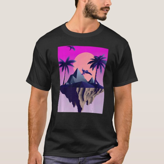 Camiseta Vaporwave Aestic Flying Island Com Palmas E B (Frente)