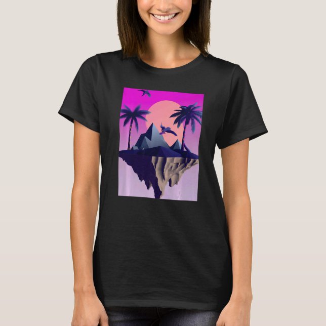 Camiseta Vaporwave Aestic Flying Island Com Palmas E B (Frente)