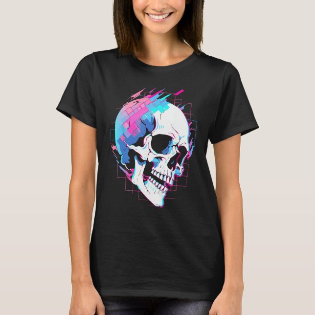 Camiseta Vaporwave Glitk Skull Cyberpunk Festival Techwear (Frente)