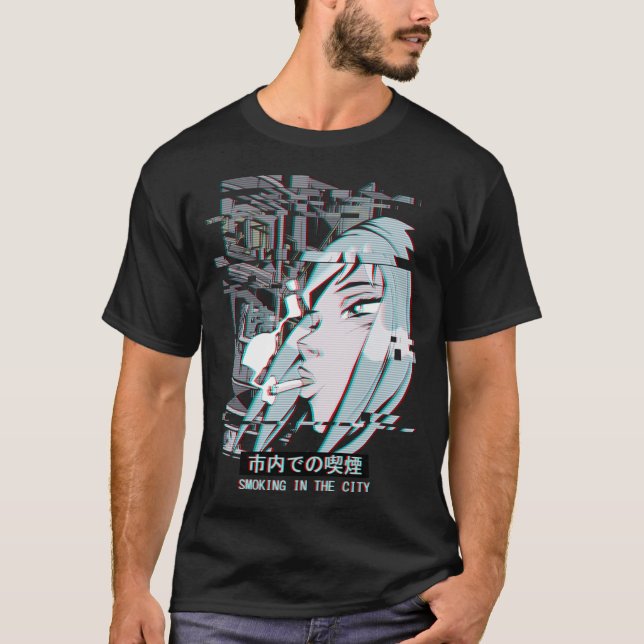Camiseta Vaporwave Japan Street Fashion Smoking Anime (Frente)