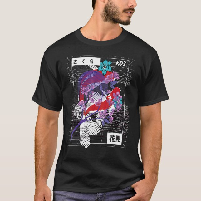 Camiseta Vaporwave Koi Fish Japão Sakura Criador de Carpas (Frente)