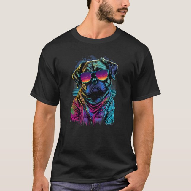 Camiseta Vaporwave Synthwave Retrowave 80s Pug Dog com Sol (Frente)