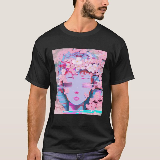 Camiseta Vaporwave Synthwave Retrowave Glitch Flor de Cerej (Frente)