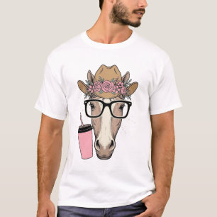 Camiseta Vaqueira Antiga Cavalo Com Flores e Bebida Rosa