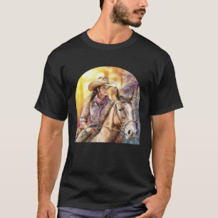Camiseta Vaqueira aquarela montando seu cavalo em um su