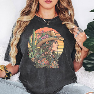 Camiseta Vaqueira Boho Pôr do Sol no Deserto Cactus Flores