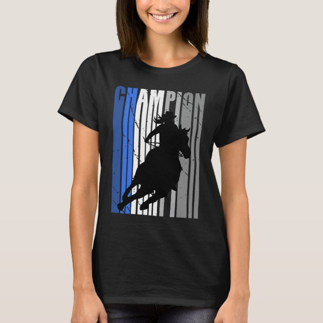 Camiseta Vaqueira Campeã de Cavalgada de Barril Azul Retro (Frente)