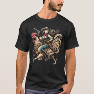 Camiseta Vaqueira Montando Galo Amante de Galinha Vintage