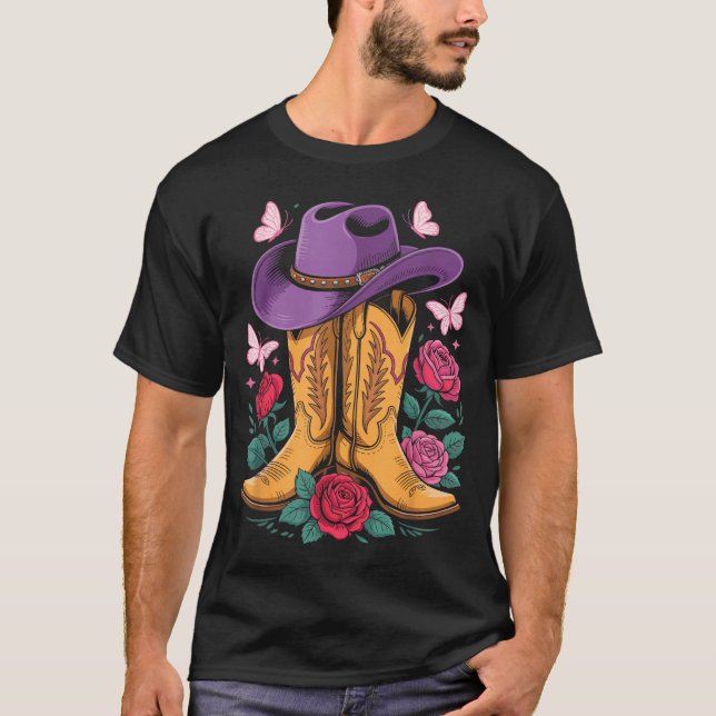 Camiseta Vaqueira Ocidental Chapéu de Cowboy Botas Com Rosa (Frente)